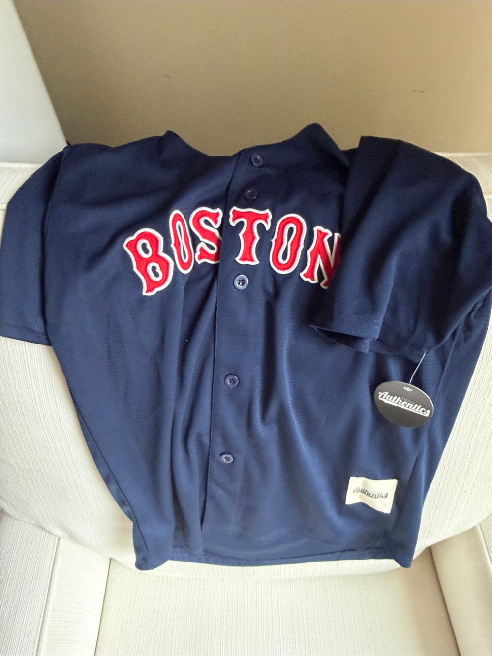 Boston Kids' Navy Button-Up Jacket with Red Lettering